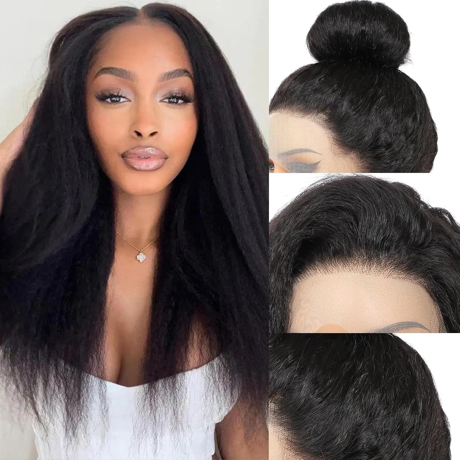Hogu~360 Lace Front Wigs Human Hair Kinky Straight Human Hair Wig 200 Density HD Lace Front Wigs Human Hair 360 Wig Human Hair Full Lace Kinky Straight Wig (natural 16 inch)