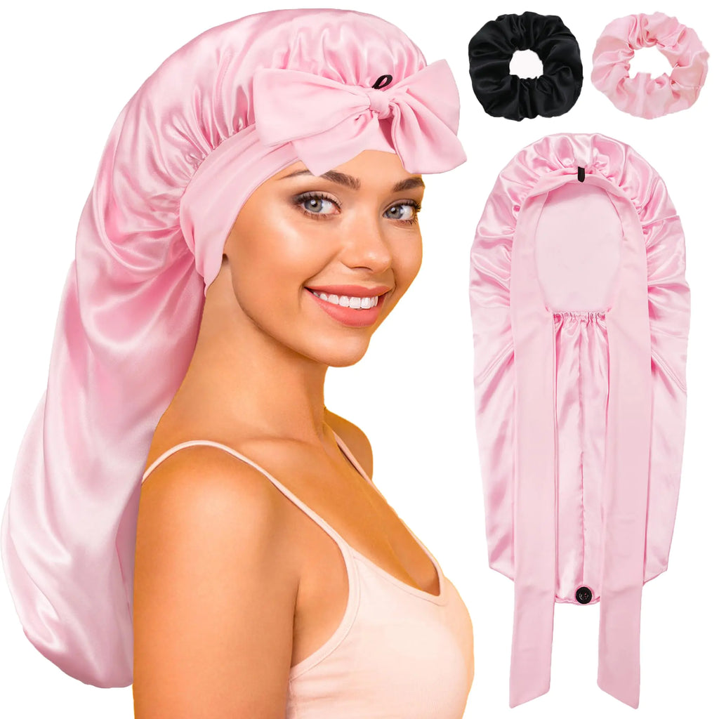 Long Bonnet with Tie Band Satin Bonnet ~ Pink