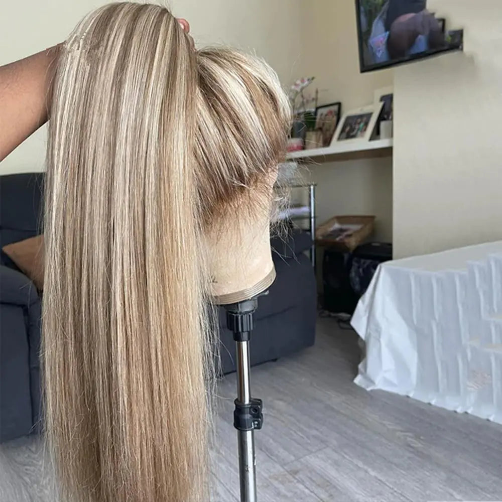 180% Density Brown To Blonde 360 Straight Wigs Human Hair Pre Plucked Full End 360 Lace Front Wigs Ombre Highlight Ash Blonde Human Hair Wig with Baby Hair HD Transparent Lace Brazilian Wig 22Inch